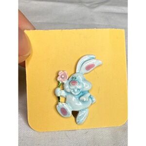 Vintage Unmarked Blue Enamel Bunny Rabbit With Flower Pin Easter Animal‎ Cartoon